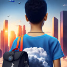 Young person with backpack gazes at futuristic cityscape at sunset