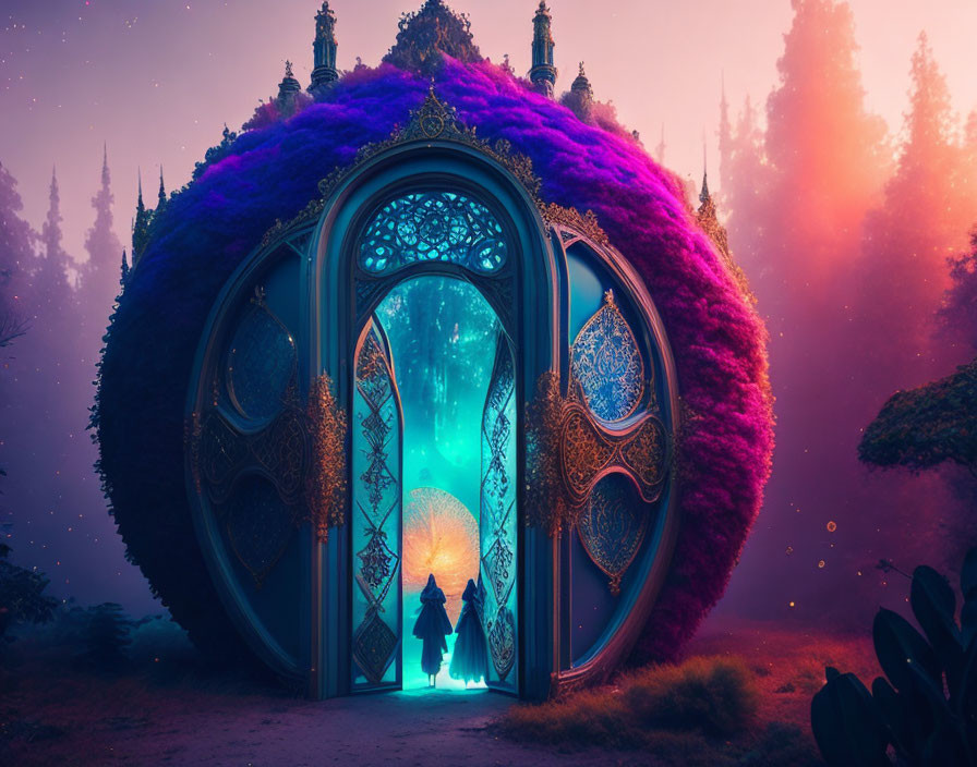 Ornate circular door in mystical purple foliage and pink sky