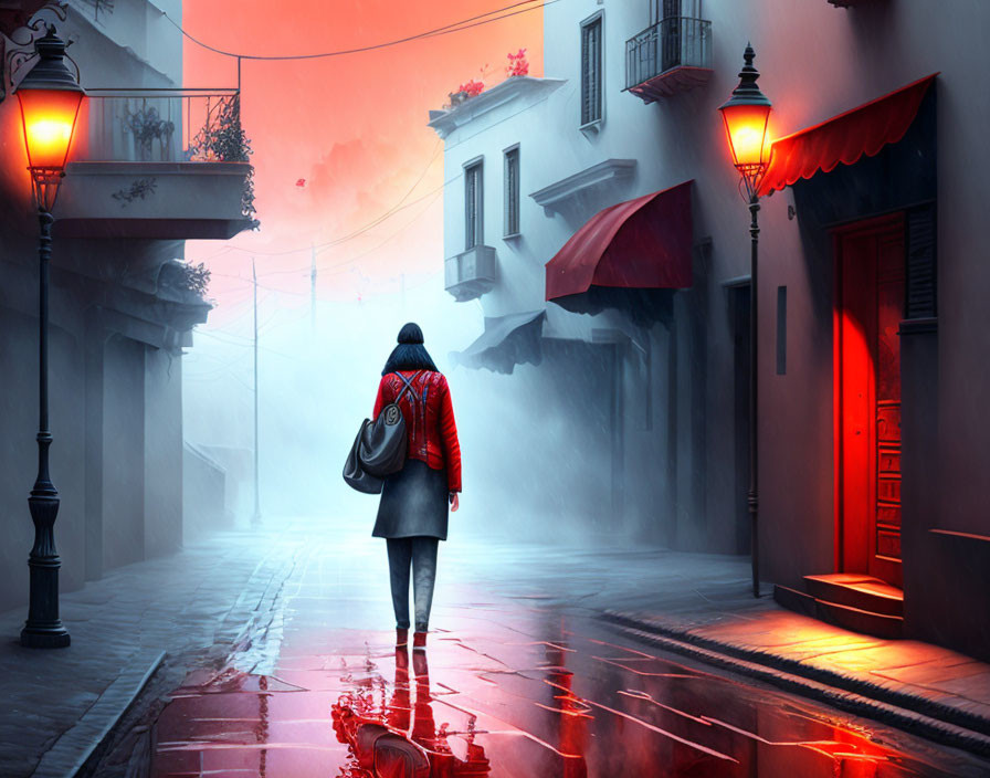 Person with red backpack walking on misty street with lampposts and buildings under red-hued