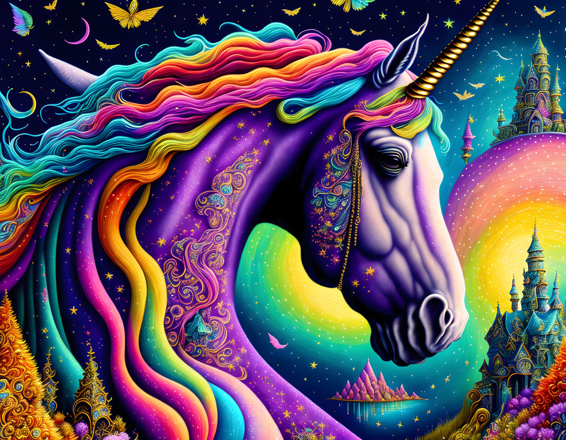 Colorful Unicorn Illustration with Magical Castle and Butterflies