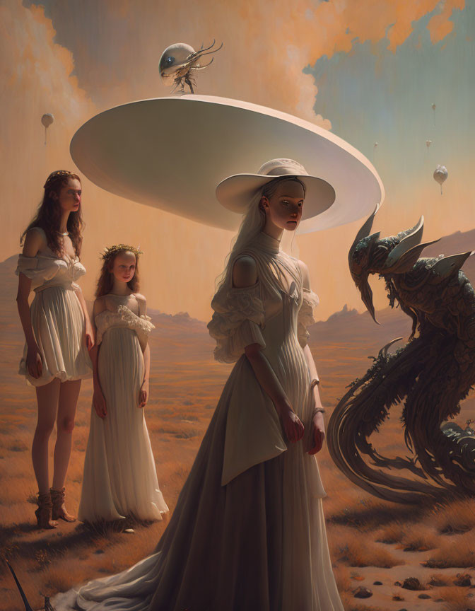 Women in white dresses with child encounter alien creature in desert landscape