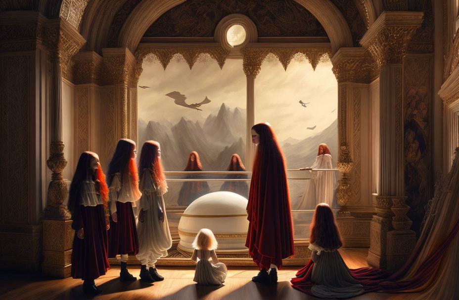 Group of individuals in red cloaks in ornate gothic room with mountain view