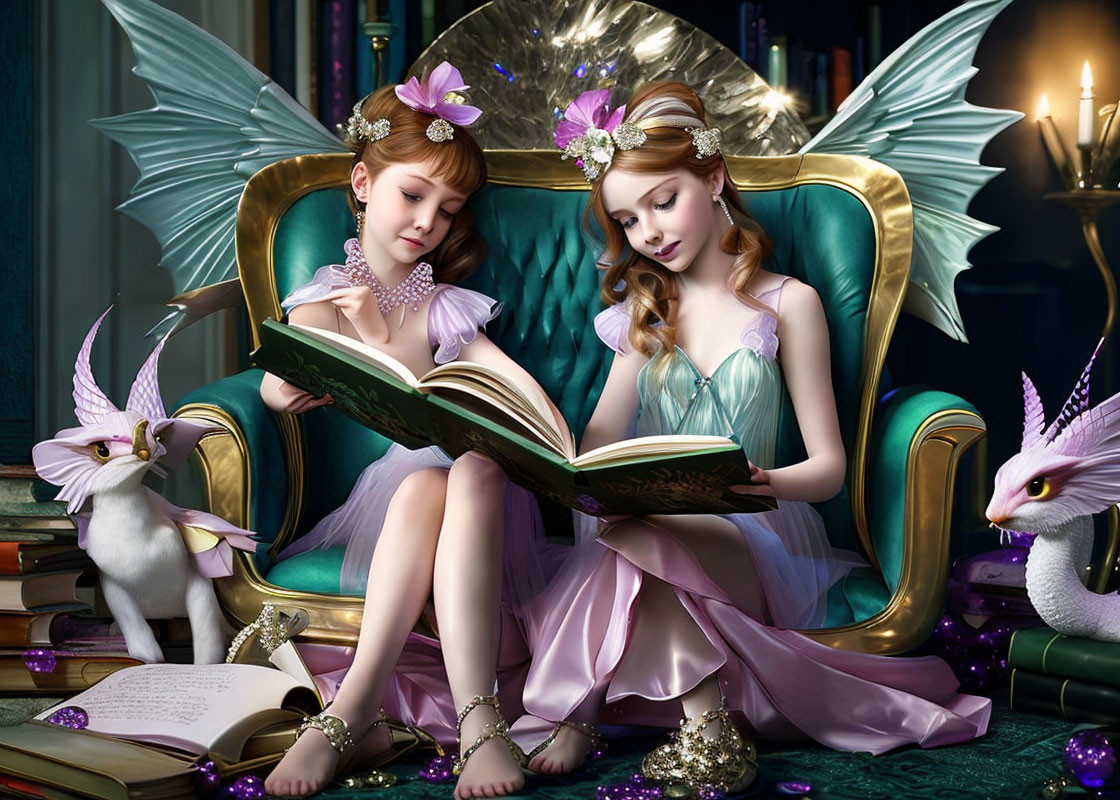 Enchanting interior with fairy-like girls reading among mystical creatures