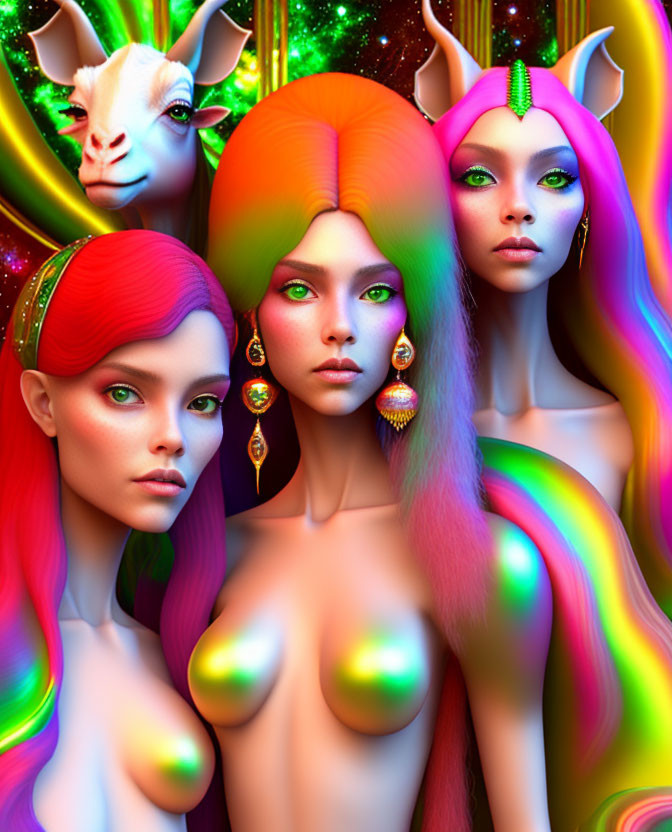 Colorful fantasy female characters with vibrant hair and elf-like ears, accompanied by a goat creature in a