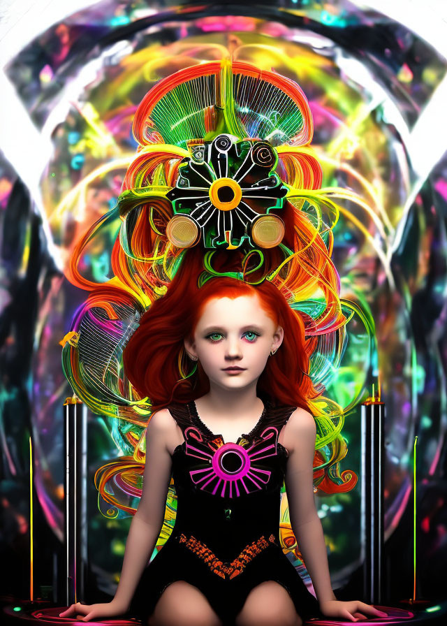 Red-haired girl in black dress on colorful, abstract backdrop