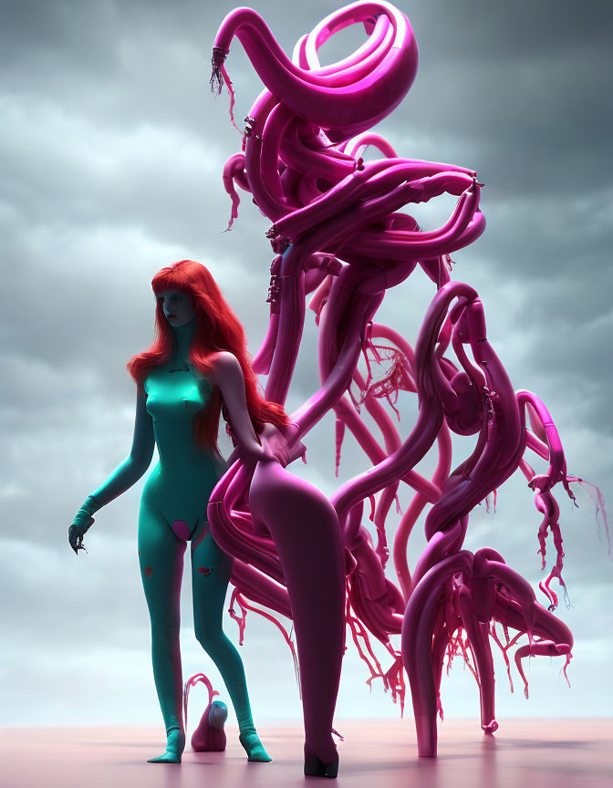 3D-rendered image of woman with red hair, turquoise suit, and pink tentacle structure under