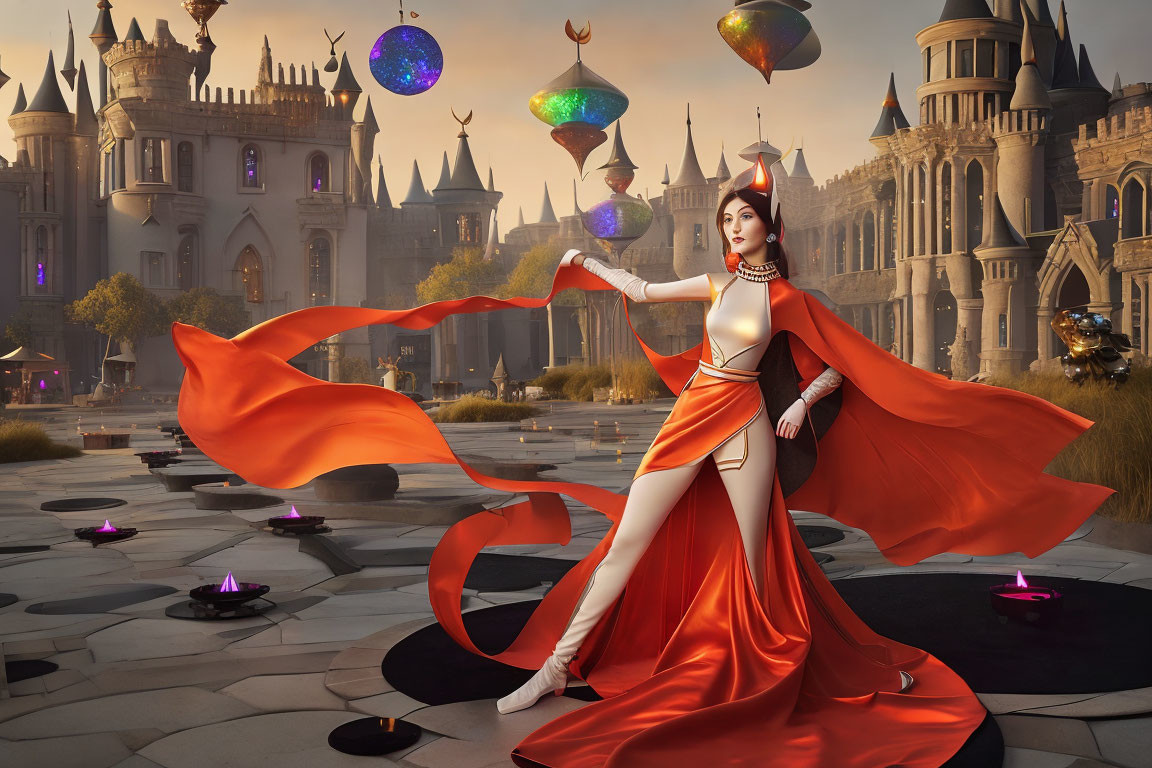 Stylized woman in red attire on chessboard-like ground with castles and orbs