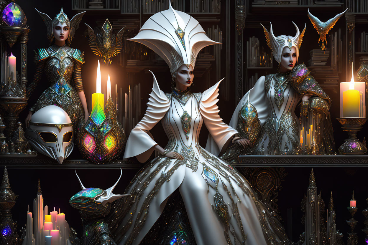 Futuristic women in white and silver costumes with metallic ornaments on dark ornate background