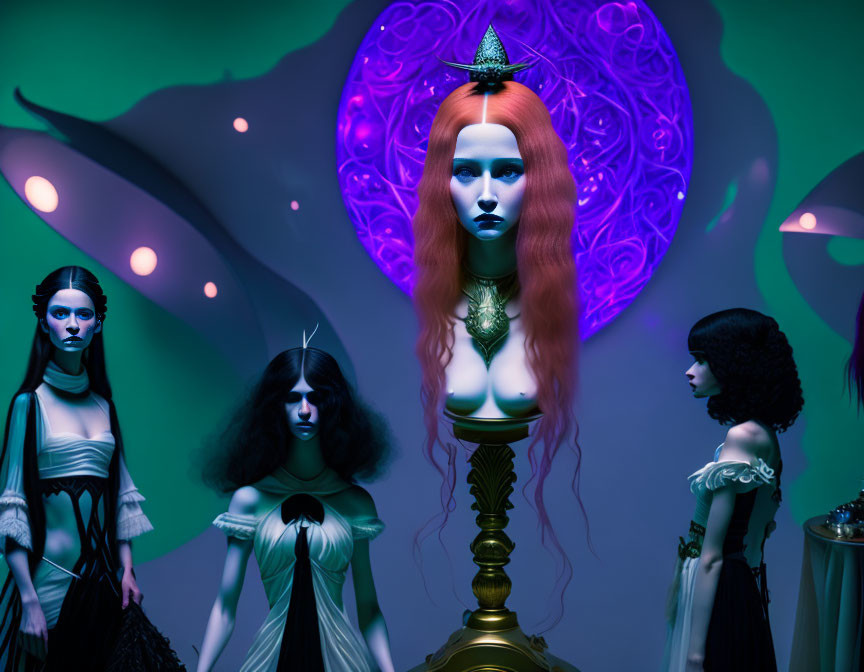 Gothic Makeup Mannequins in Mystical Attire with Purple and Teal Backdrop