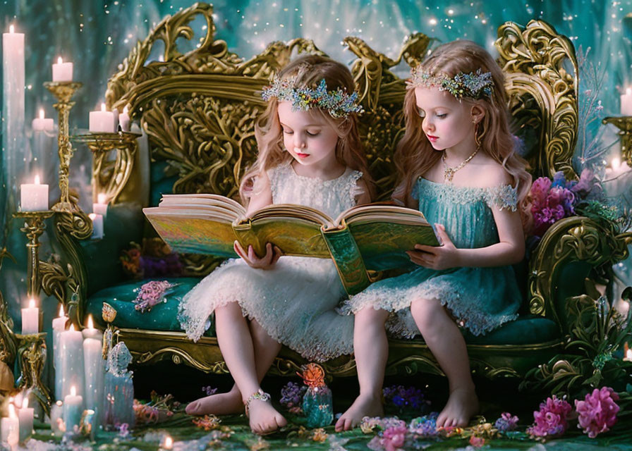 Two young girls in floral crowns reading on ornate sofa