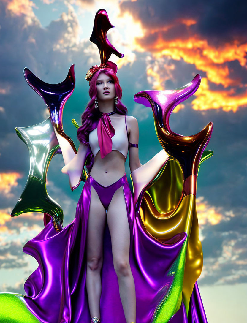 Fantasy costume woman with crown and flowing fabric under dramatic sky