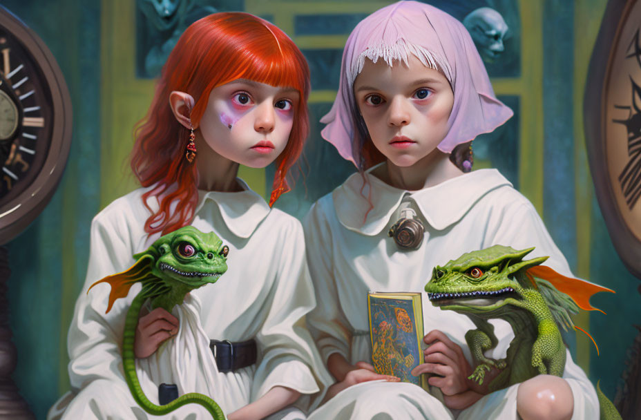 Children in white robes with green lizards and clocks in background, one with orange hair and the other