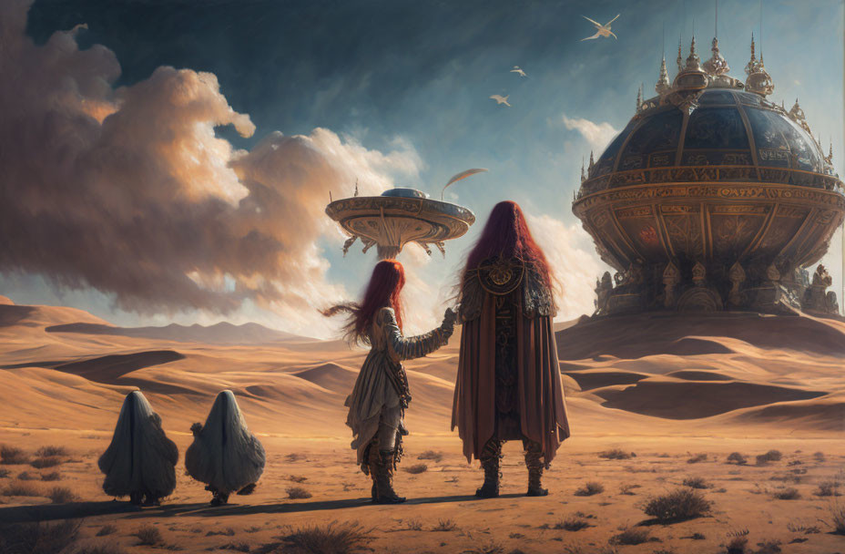 Robed figures in desert face futuristic city with dome and flying saucer