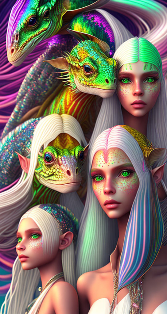 Iridescent Fantasy Creatures with Human-Like Faces and Colorful Features