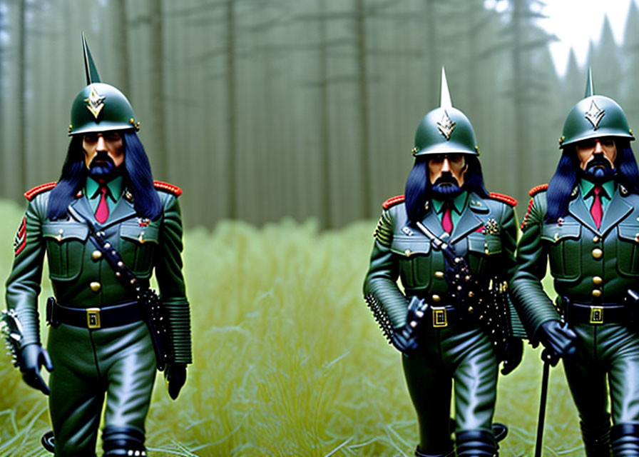 Toy soldiers in green uniforms with medals and spiked helmets on grass with forest backdrop