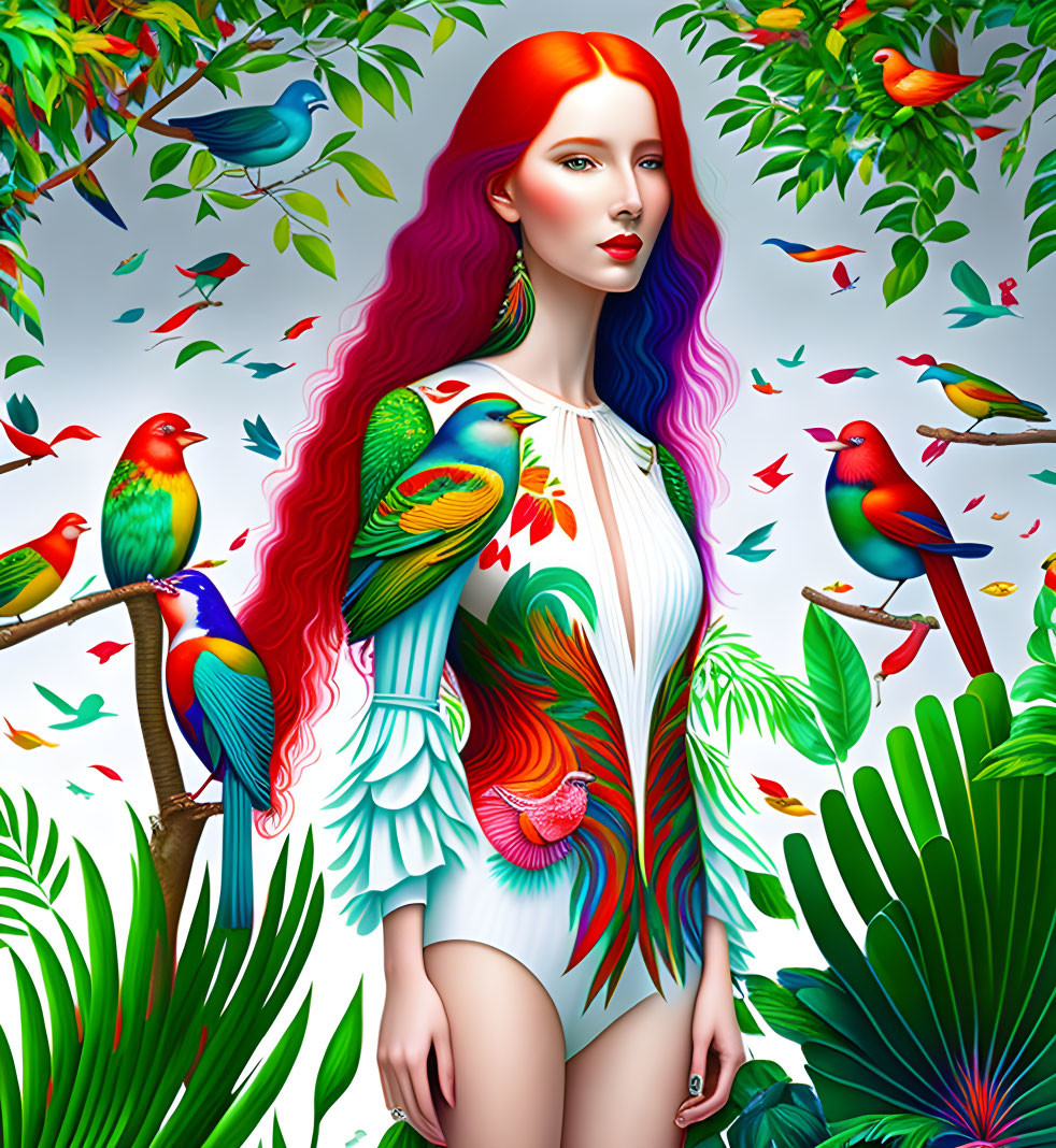 Colorful woman with red and purple hair among exotic birds and green foliage