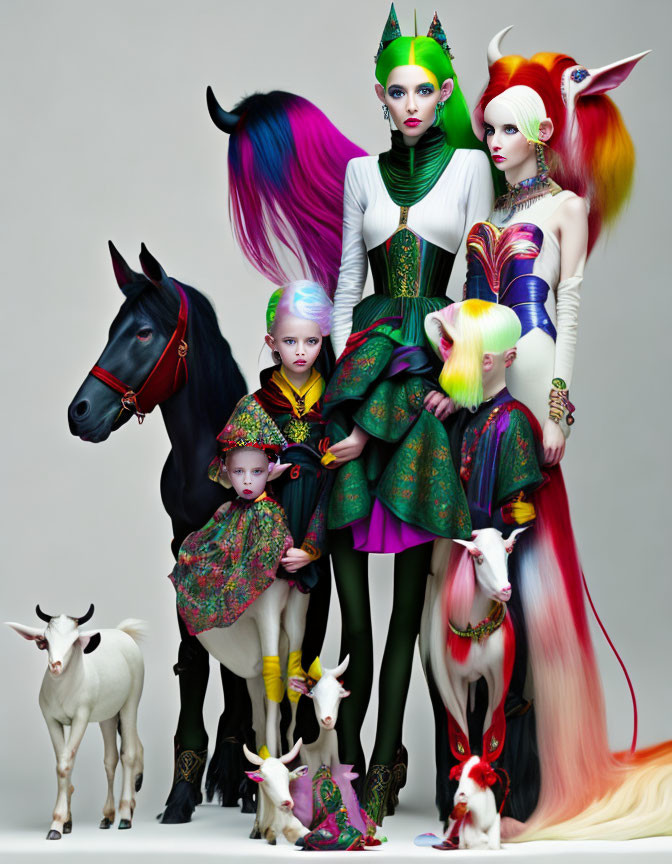 Colorful surreal portrait with elongated hair, horse, and goats on gray backdrop