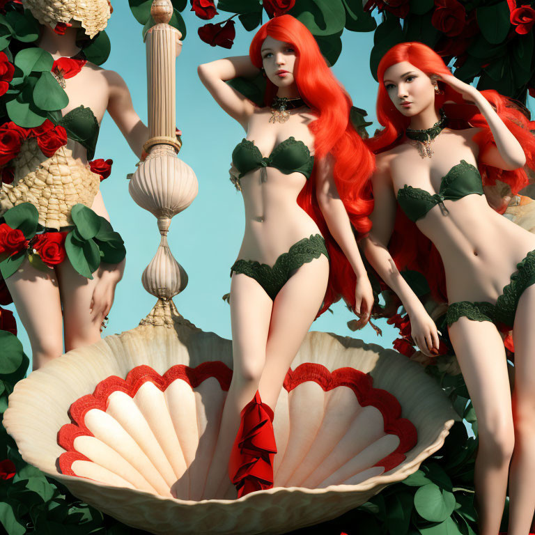 Three 3D-rendered female figures around a large shell with roses and vintage lingerie