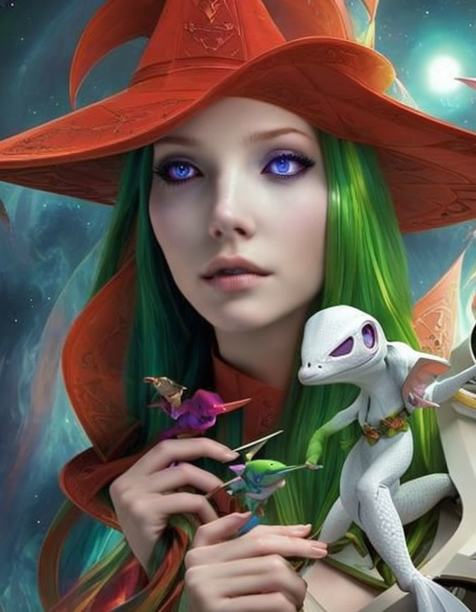 Fantasy illustration of woman with green hair, blue eyes, red hat, purple flower, and two