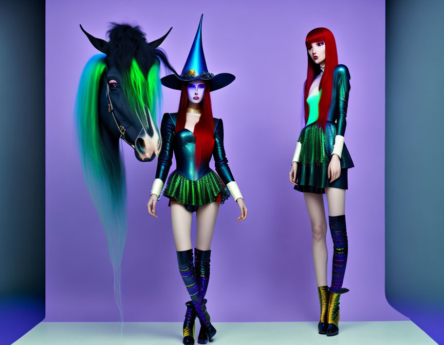 Fantasy fashion scene with black horse and colorful witch-inspired outfits