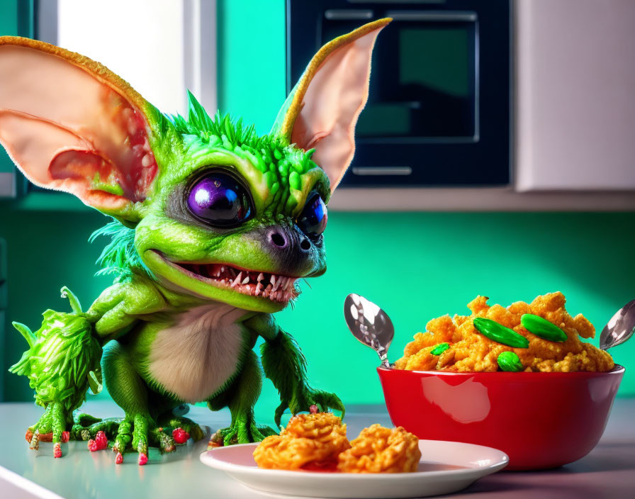 Green mischievous creature with large ears and sharp teeth next to fried food and microwave on teal background