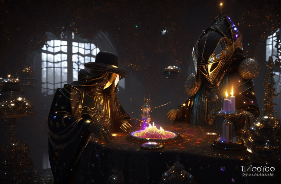 Mystical figures in robes and masks at a candlelit table