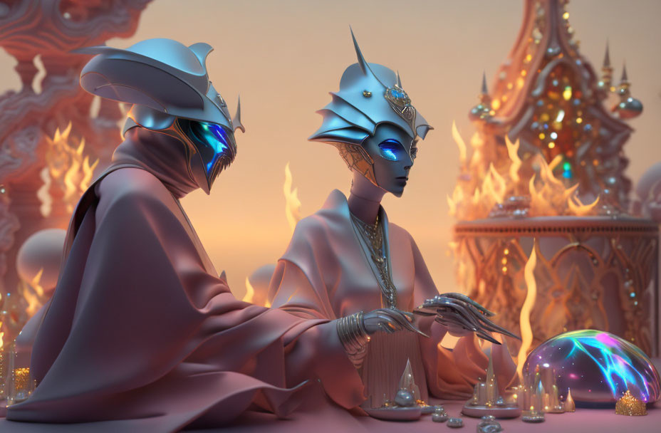 Futuristic characters with headgear at table with glowing sphere, ornate backdrop