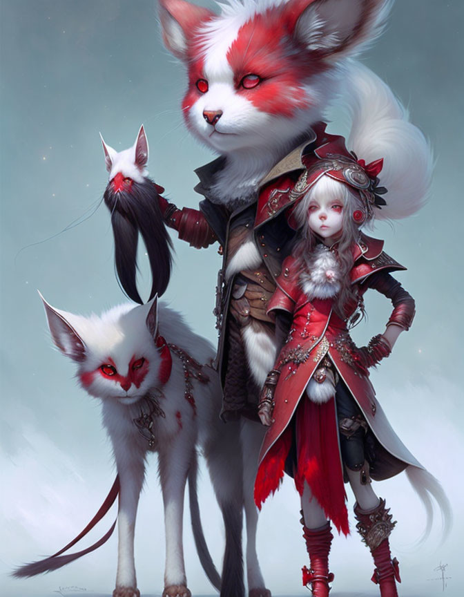 Fantasy illustration of anime-style girl with white hair and red & black outfit with mystical fox-like creatures