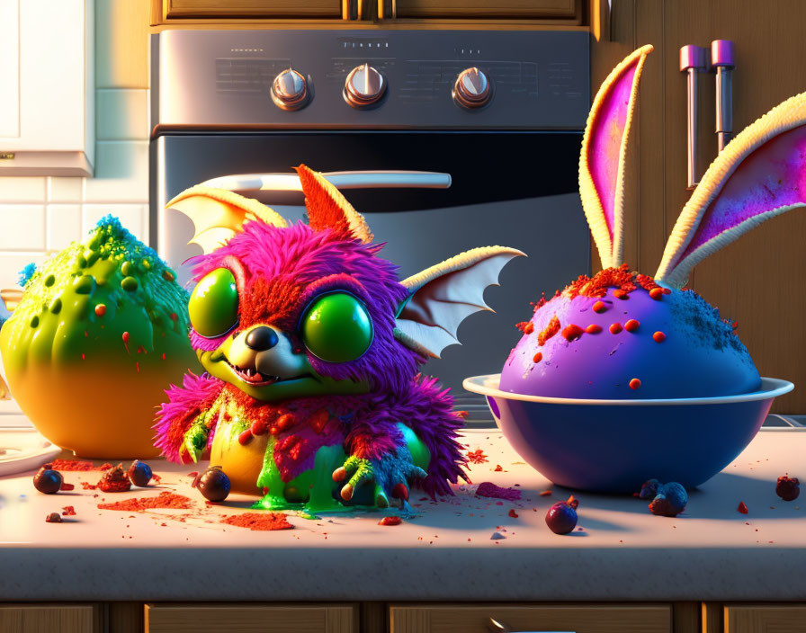 Colorful Creature with Bunny and Monster Features Covered in Cake Icing in Kitchen Setting