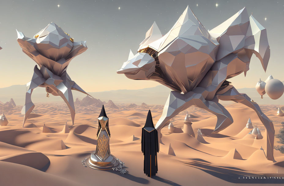 Surreal desert landscape with crystal formations, dune waves, orbs, and monoliths