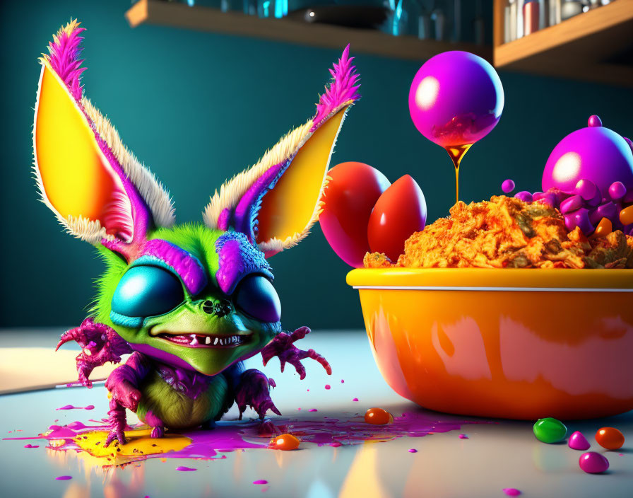 Colorful Cartoon Creature Surrounded by Balloons and Candy