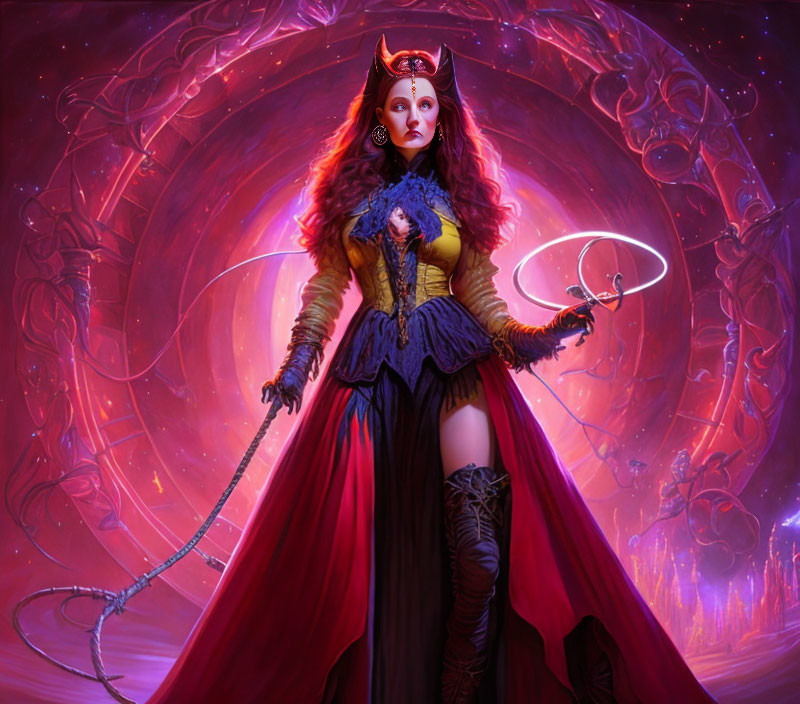 Regal woman in fantasy costume with crown and magic ring in crimson-hued backdrop