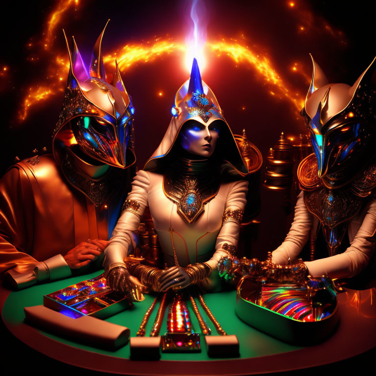 Three individuals in futuristic masks at reflective table.