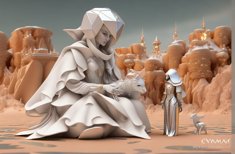 Stylized illustration of robed figure with geometric helmet petting fox-like creature in desert backdrop