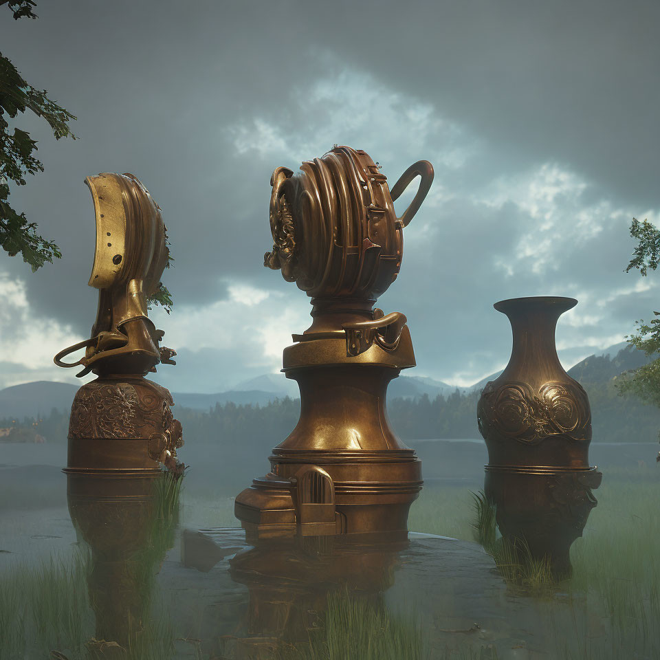 Ornate trophy heads on pedestals in shallow water