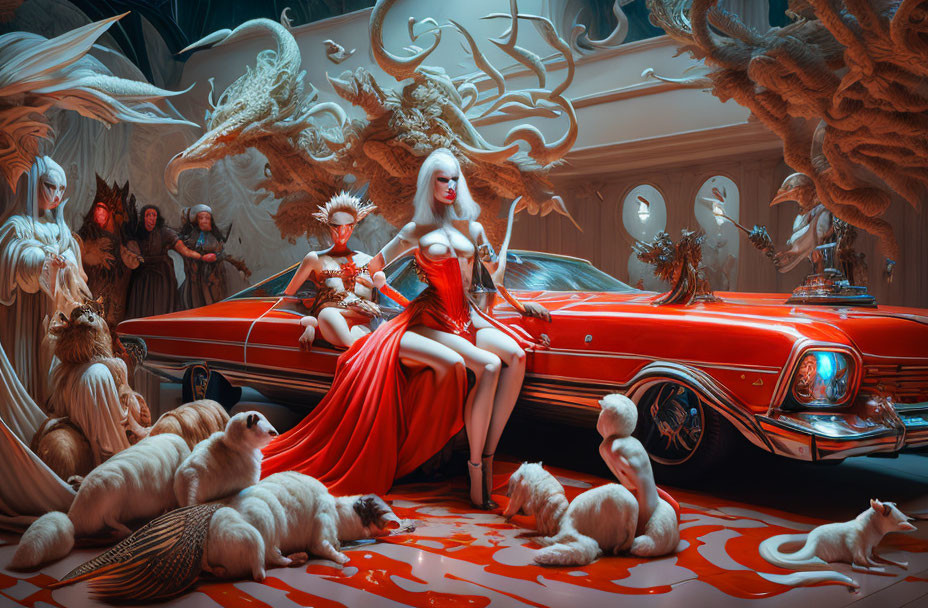 Surreal artwork featuring woman in red dress, classic car, white tigers, and fantastical