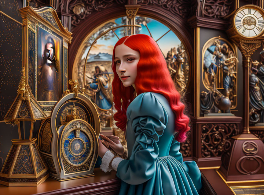 Red-Haired Woman in Teal Dress Beside Golden Clock in Ornate Room