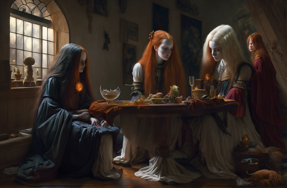 Five women with long hair around a wooden table in a medieval-style room.