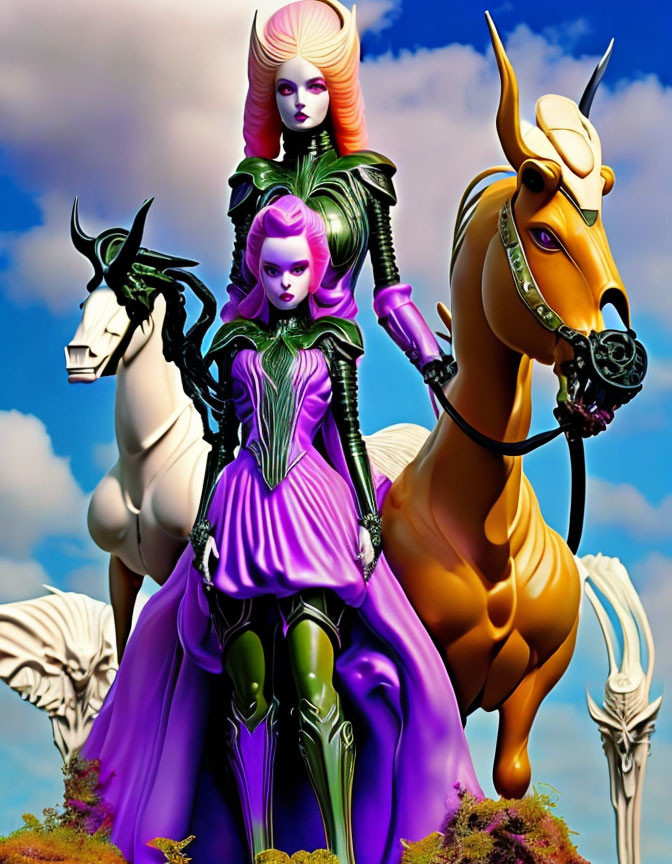 Stylized colorful characters on horseback in fantasy costumes