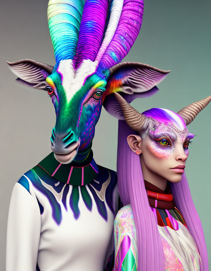 Vibrant digital artwork: humanoid female with purple hair and fantastical creature with goat's head