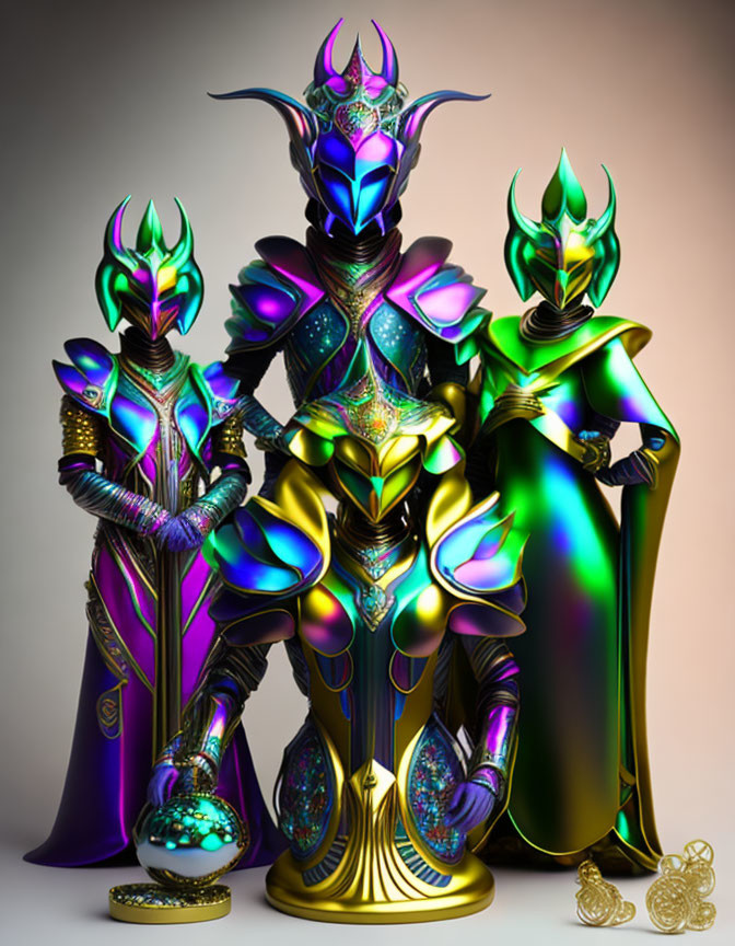 Three futuristic warriors in ornate, multicolored armor with metallic sheen, standing with a crystall