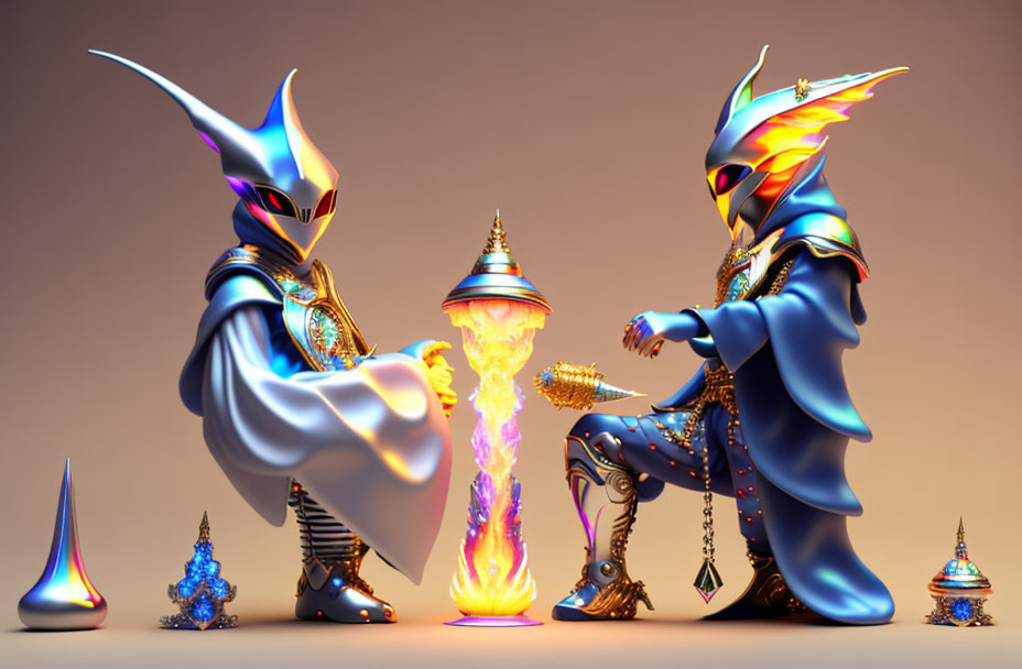 Futuristic characters in ornate armor with flaming chalice on orange background