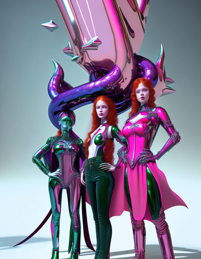 Two Red-Haired Women in Futuristic Bodysuits Next to Abstract Metallic Sculpture