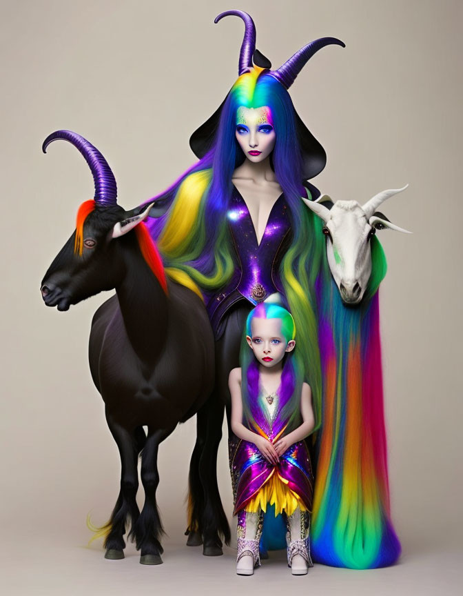 Stylized humanoid figures with multicolored hair and goat features alongside black and white goats on neutral