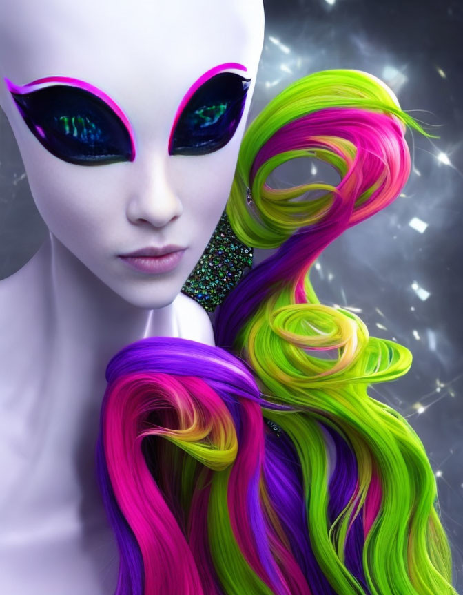 Alien with Large Purple Eyes and Neon Hair in Cosmic Setting