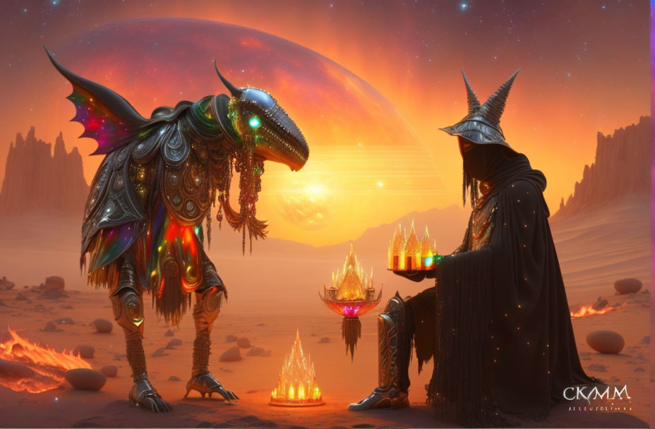 Robed figure offering glowing crystals to colorful armored creature on alien desert planet