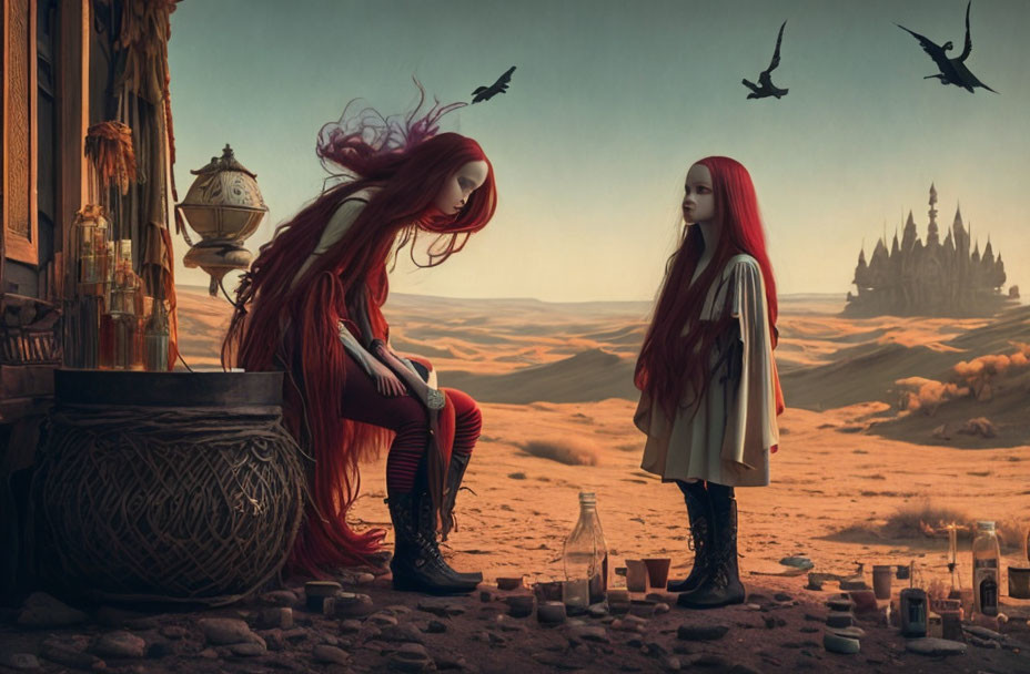 Red-haired duo in desert with crow and gothic castle