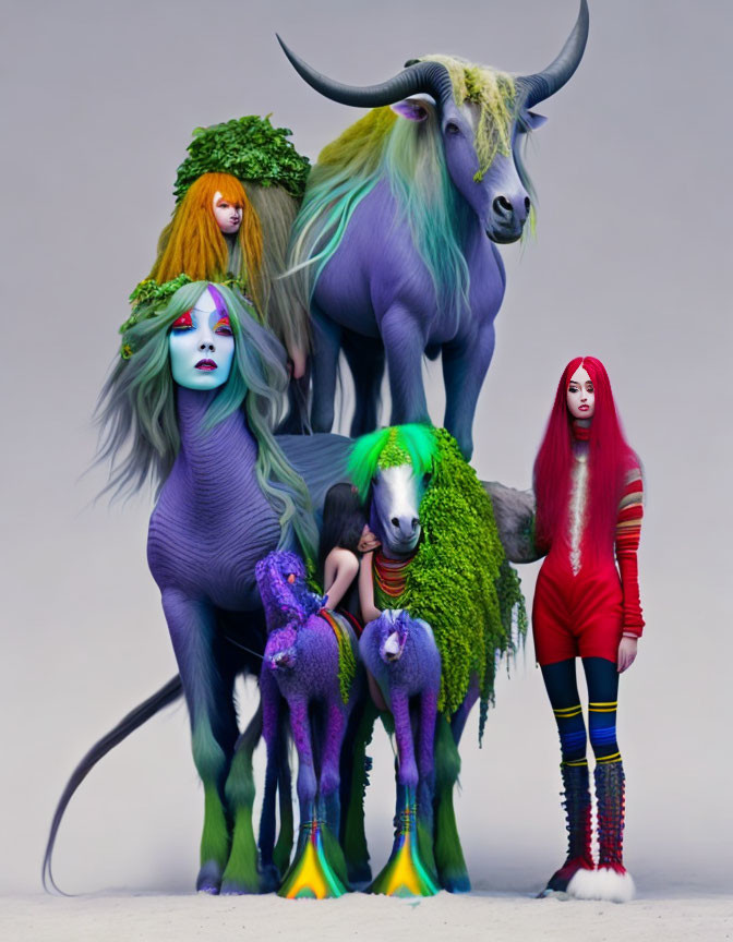 Stylized fantastical figures with human and animal features in purple and green hues, alongside a mythical