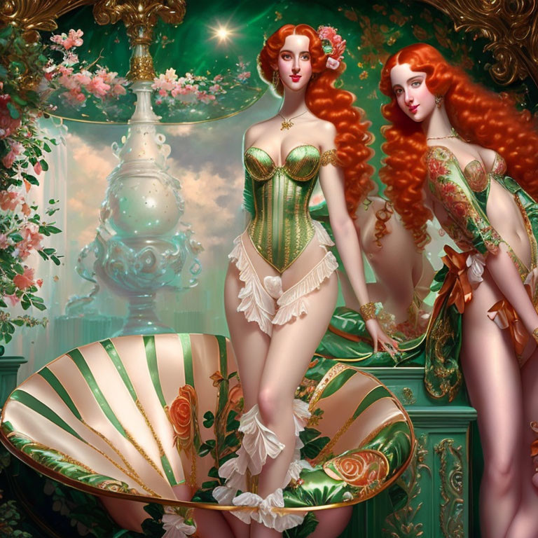 Stylized women with red hair in opulent dresses with giant seashell in floral setting