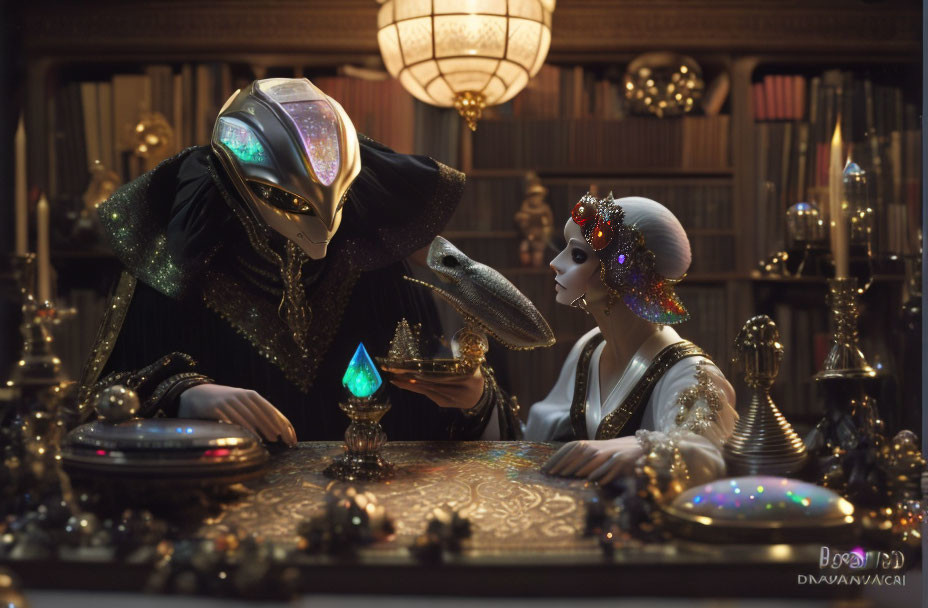 Two people in ornate costumes and masks at a lavish table create a fantasy, mysterious vibe.